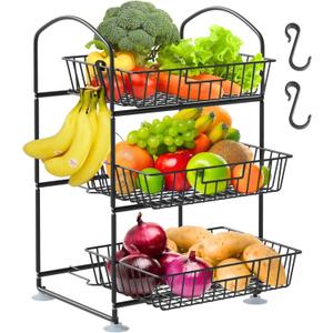 3 Tier Wire Baskets with 2 Banana Hangers, Detachable Countertop Fruit Vegetable Basket for Pantry Organization and Storage, Kitchen Counter Basket Stand for Storage Potato Onion Bread Snack Veggie