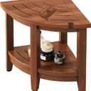 18" Teak Corner Shower Stool, Inside Shower Stool with Storage Shelf, Waterproof Teak Stool for Shaving Legs and to Sit On, 2-Tier Shower Stool,Adjustable Feet, Non-Slip, Brown