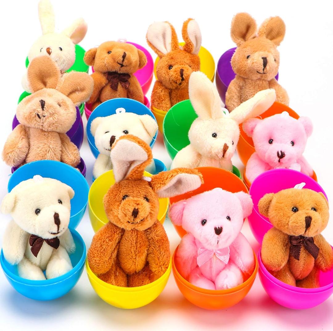 NEWBEA 12 Pack Prefilled Easter Eggs with Stuffed Animals,3.15" Plastic Easter Eggs Filled with Toys,Perfect for Kids
