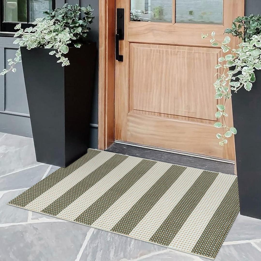 OJIA Front Door Mat 24"x36" Outdoor Doormat Striped Porch Rugs Checkered Rug Washable Entry Rug Woven Cotton Indoor Outdoor Rug Small Area Rug for Kitchen Entryway Patio (Green/White/Tan)