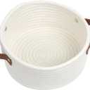 Small Woven Basket, Cute Mini Cotton Rope Storage Basket with leather handle, Tiny Decorative Round Storage Bin, Boho Empty Gift Baskets for Organizing, Toy Organizer for Nursery (Narrow handle)