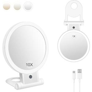 MILEDUO Lighted Makeup Mirror, 1X/10X Magnifying Mirror with Lights, Vanity Mirror with 3 Color Light Brightness Adjustable, Double Sided Switch, Rechargeable Hand Mirror Hanging Tabletop Mirror