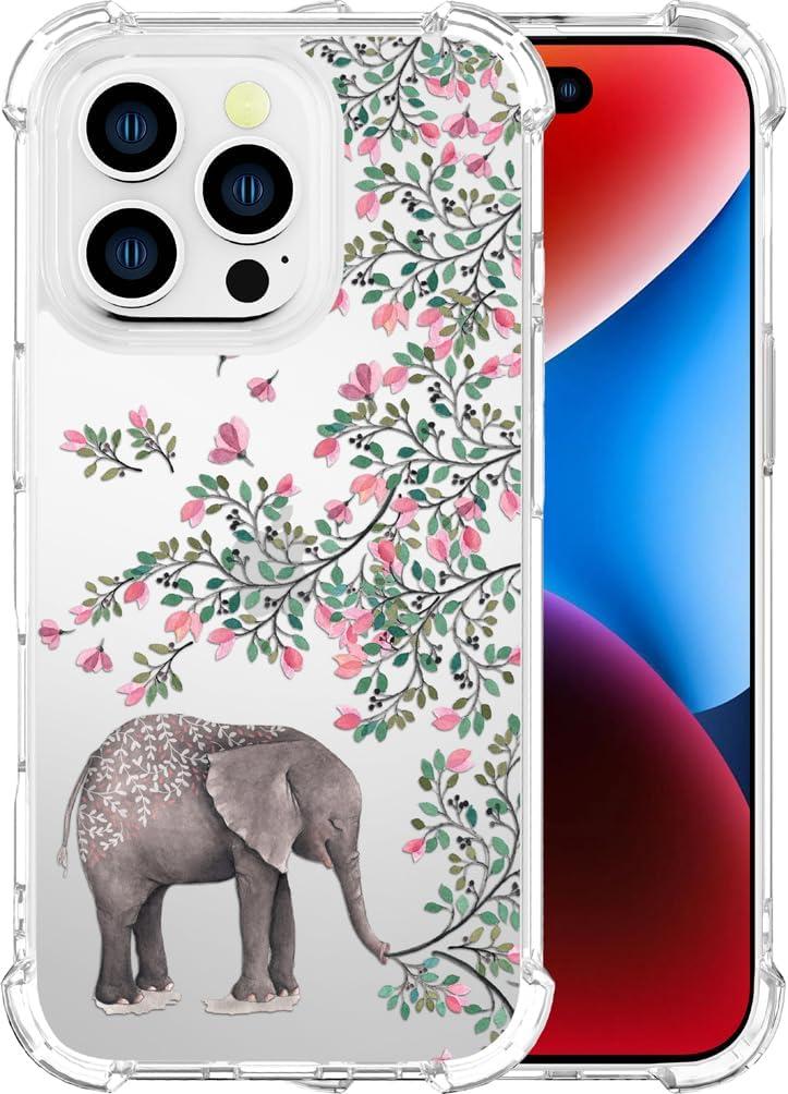 Cases Compatible with iPhone 16 Pro Case for Women Cute Phone Case Clear Design, 16 Pro Case Transparent Cool Kawaii Protective,Elephant Flowers