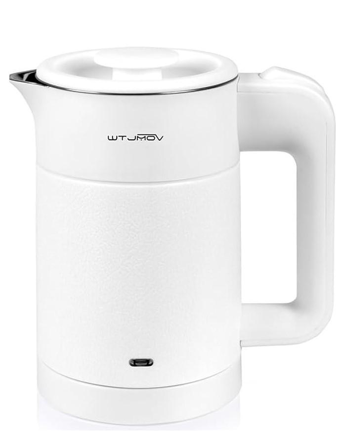 WTJMOV 0.6L Small Electric Tea Kettle Lightweight, 20 Ounce Double Wall Hot Water Boiler Stainless Steel Auto Shut-off, 120V Portable Travel Electric Kettle Fast Boil for Tea and Coffee, White