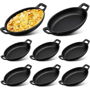 Mifoci 8 Pack Mini Cast Iron Fajita Skillet, 7.1" x 4.7" Oval Sizzling Steak Plate Pan Small Ramekin Set Black Casserole Dish for Stove Oven Grill Restaurant Kitchen Indoor Outdoor Picnic