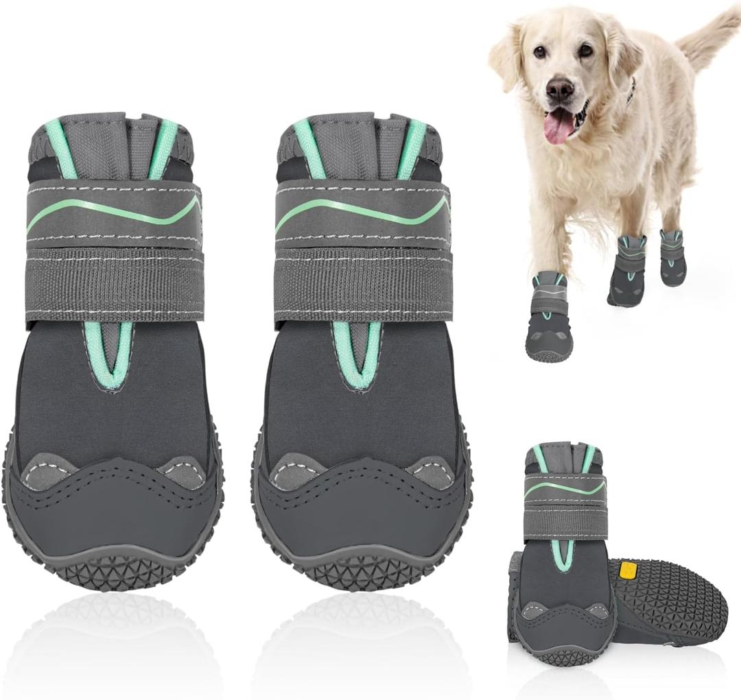 SlowTon Dog Shoes for Large Small Medium Dogs - Waterproof Dog Boots for Summer Hot Pavement, Paw Protector for Outdoor Walking Winter Snow, Anti-Slip Rubber Dog Booties for Hard Floor (GY, 8) (A1-Grey Waterproof)
