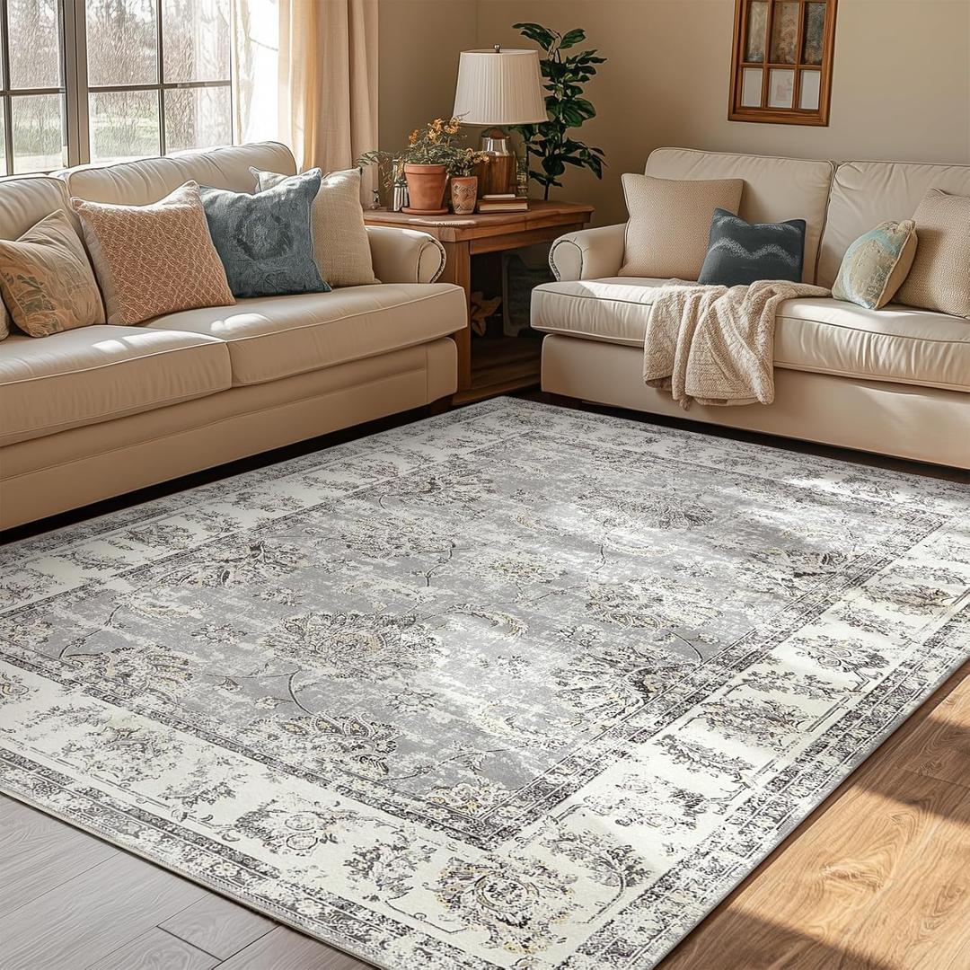 jinchan Vintage Floral 5x7 Area Rugs for Bedroom - Machine Washable Distressed Design Stain Resistant Boho Carpet Ultra-Thin Low Pile Non-Slip Rug for Living Room Dining Room Kitchen (5x7',Grey)
