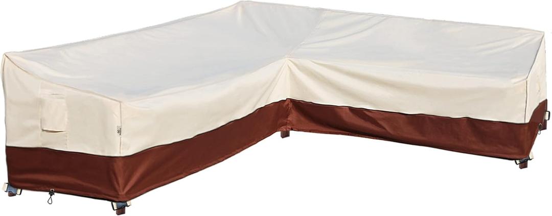 Outdoor L-Shaped Patio Furniture Covers - Waterproof, Rip-Stop, Anti-UV 600D Heavy Duty Outdoor Couch Cover with 3 Air Vent - 120''L x 33''D x 35''H (L-shaped 120"x90", Beige & Reddish Brown)