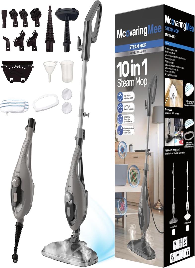 11-in-1 Steam Mop, 1550W Powerful Handheld Steam Cleaner, 260F Multi-Functional Floor Steamer with 21.3FT Cord for Floors, Hardwood, Tiles, Grout, Windows, Kitchen, Bath, Adjustable (Grey)
