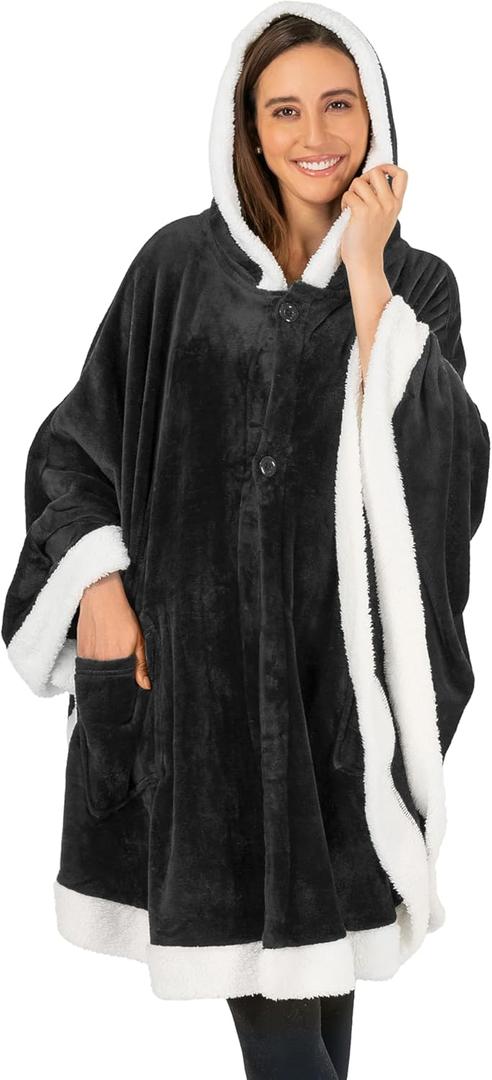 PAVILIA Wearable Blanket for Adult Women, Cozy Plush Fleece Blanket Poncho Cape with Hood, Super Soft Shawl, Angel Wrap Throw for Office, Black