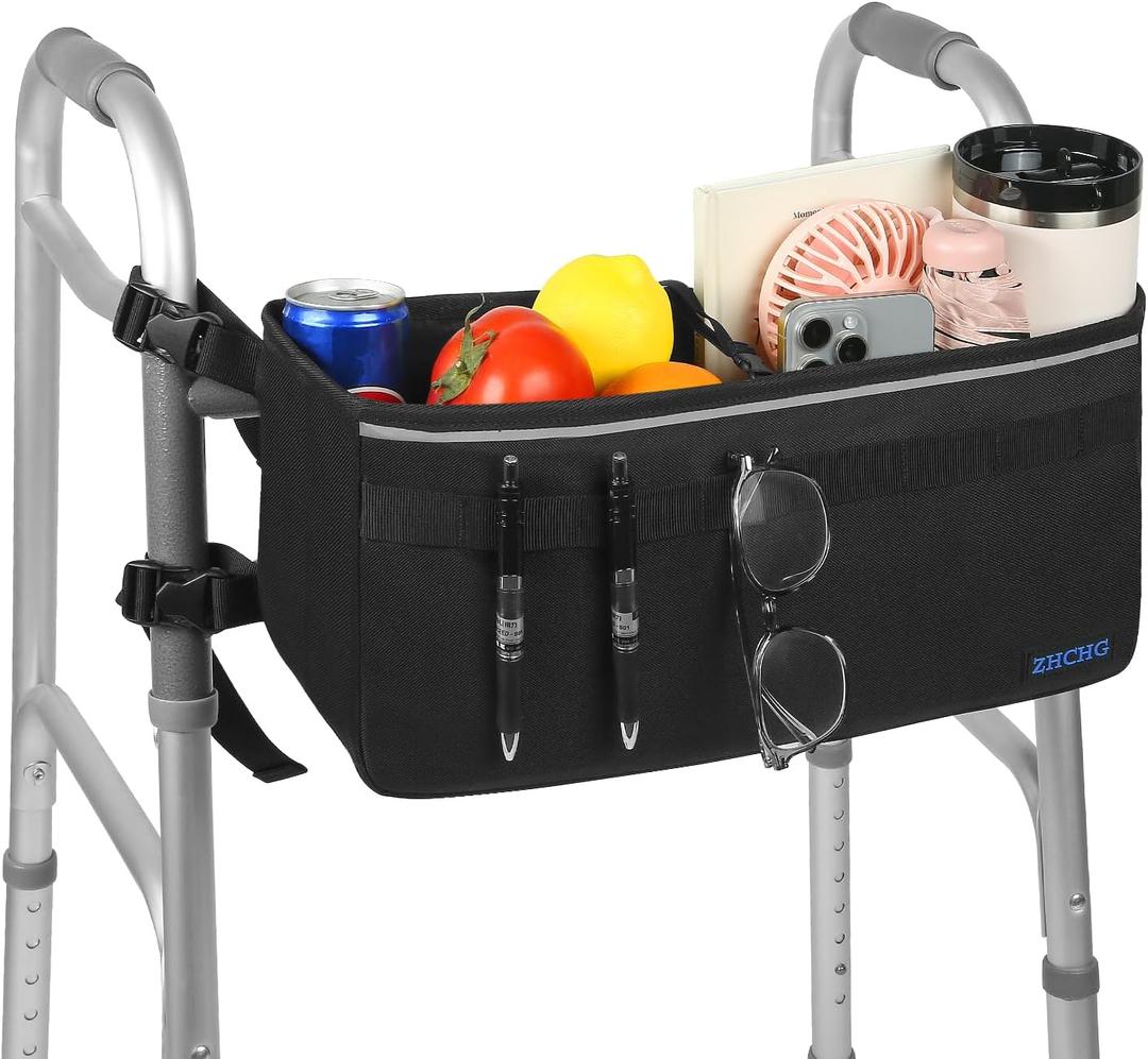 Walker Basket for Seniors, Walker Accessories, Folding Walker Bag with Large Capacity & Never Tipping Over, Best Gift- Black (Not Fit Rollator Walkers)