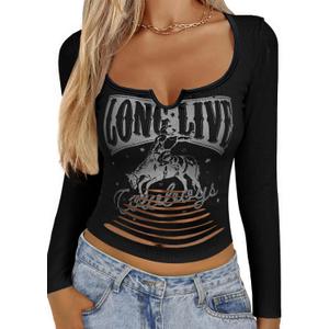 Cowgirl Outfits for Women Western Tank Tops Sexy Deep V Neck Crop Top Country Concert Rodeo Howdy Graphic Shirts (Medium Short, Black-long Live)
