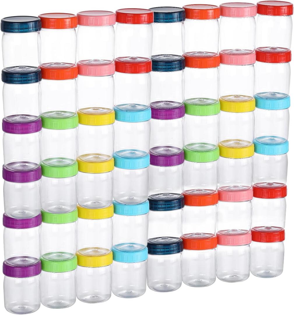 novelinks 8oz Plastic Jars With Lids Colorful Lid Mason Jars 48Pack 8 oz Plastic Containers With Lids For Diy Food Milkshake Salads Snake Jams Spices (48)