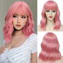 Pink Bob Wig with Bangs for Women Pastel Short Bob Wig Light Pink Loose Wavy Shoulder Length Synthetic Colorful Halloween Costume Wigs for Girl Daily Use