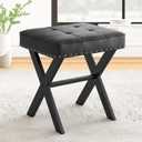 LUE BONA Vanity Stool - Square Faux Leather Makeup Seat With Metal X Legs, Small Ottoman Chair for Makeup Room, Living Room - Modern Padded Foot Rest, Black
