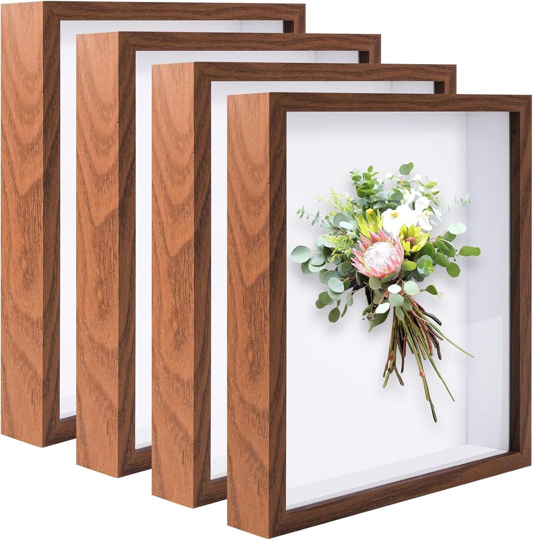 4 Pack 8"x 10" Shadow Boxes Frame Display Cases Wood Deep Shadowbox for Photos, Dried Flowers, Handicrafts Picture Frames for Wall Tabletop (Walnut Wood, 8x10)