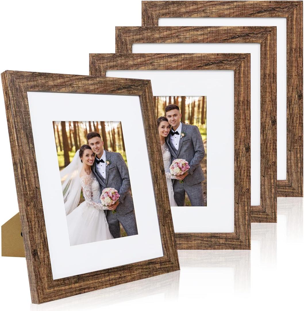 8x10 Picture Frame Set of 4, Made of Real Glass and Rustic Brown Wooden Frame, 8 by 10 Photo for Wall or Tabletop - Display Picture 5x7 with Mat or 8x10 Without Mat (8x10 in)