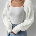 Women's Long Sleeve Open Front Knitted Crop Cardigan Drop Shoulder Knit Bolero Shrug Sweater (White)