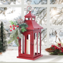 Christmas Decorations for Home, Decorative Christmas Lantern Indoor Outdoor Decor, Metal Hanging Candle Holder with Xmas Teardrop Wreath and LED Candle for Table Centerpieces, Patio (Red), 14,2"