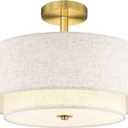 AUTELO Gold Semi Flush Mount Ceiling Light, 3-Light 16" Ceiling Light in Brushed Gold Finish with Drum Fabric Shade for Hallway Bedroom Kitchen, C2506 BG-16