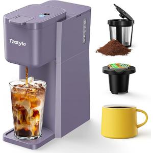 Mini Hot and Iced Coffee Maker Single Serve, for K Cup and Ground, 6 to 14 Oz Brew Sizes, with Recipe Book, for Home, Travel, RV, Office and Dorm, Grey