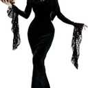 Women Morticia Halloween Dress Long Sleeve Off Shoulder Maxi Dress (Black, L)