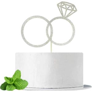 JIEEIN Diamond Ring Cake Topper for Engagement/Wedding/Bridal Shower/Valentine Party Supplies, Double Sided Silver Glitter