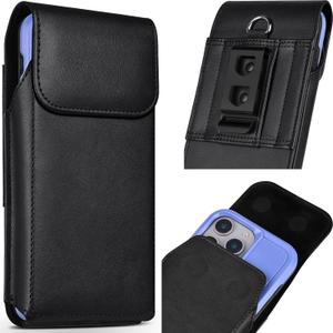 Holster Compatible with iPhone 16 15 14 13 12 Pro Galaxy S25 24 23 22 Leather Cell Phone Belt Holder Case with Clip and Magnetic Closure for Men Women (Fits Protective Cover on), Black