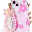 NITITOP Compatible iPhone 13 Case with Cute Clear Cartoon Little Girl Bear Flower Heart Beaded Lanyard Wrist Strap - Pink Flower