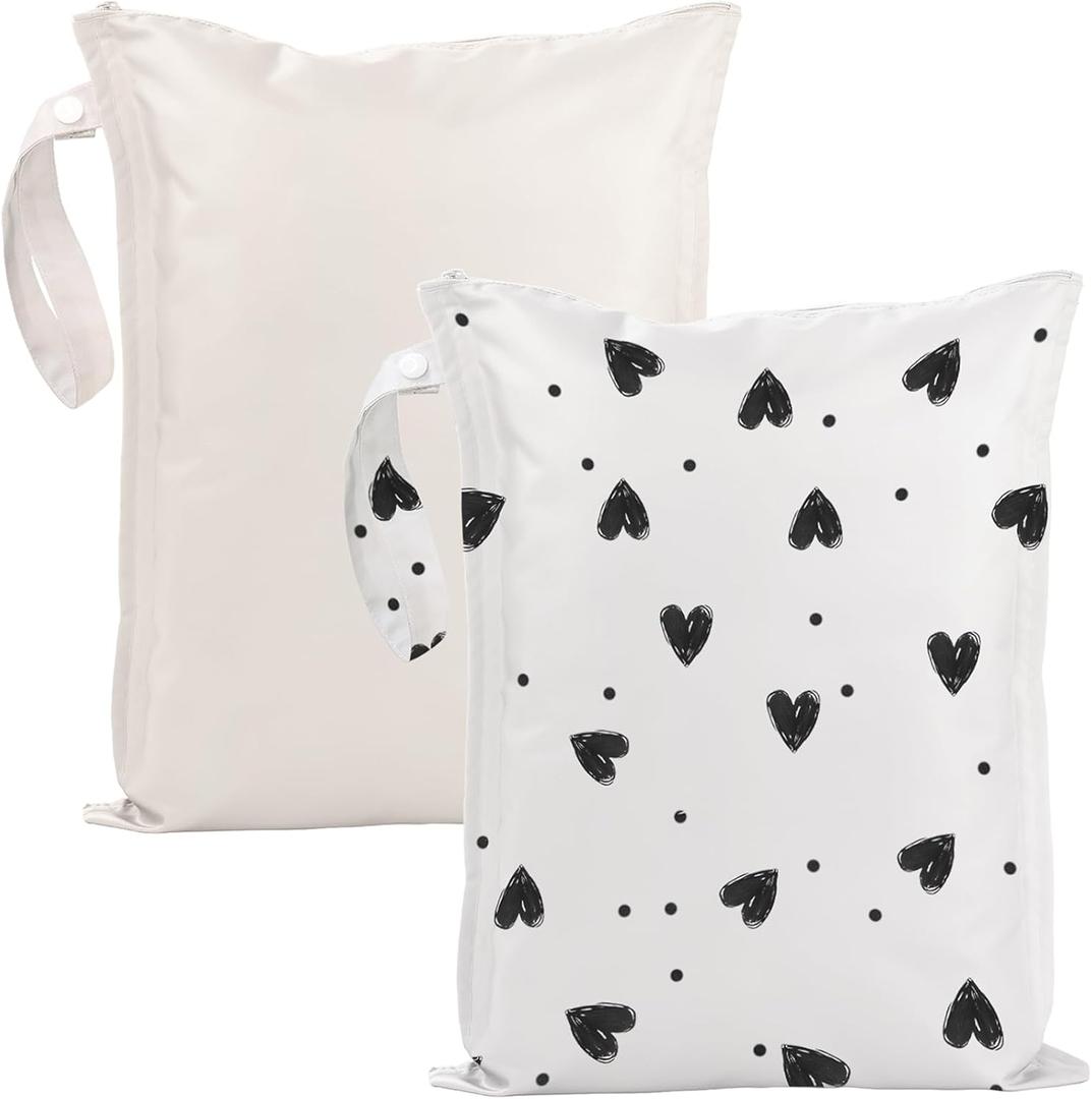 2 x Wet Dry Bags Water Resistant - 2 Pack Reusable Waterproof Wet Dry Bag for Swimsuits & Baby Clothes - Leakproof Storage Pouch Bag for Travel & Baby Diaper - Travel Laundry Daycare Bags (BlackHeart&Beige)