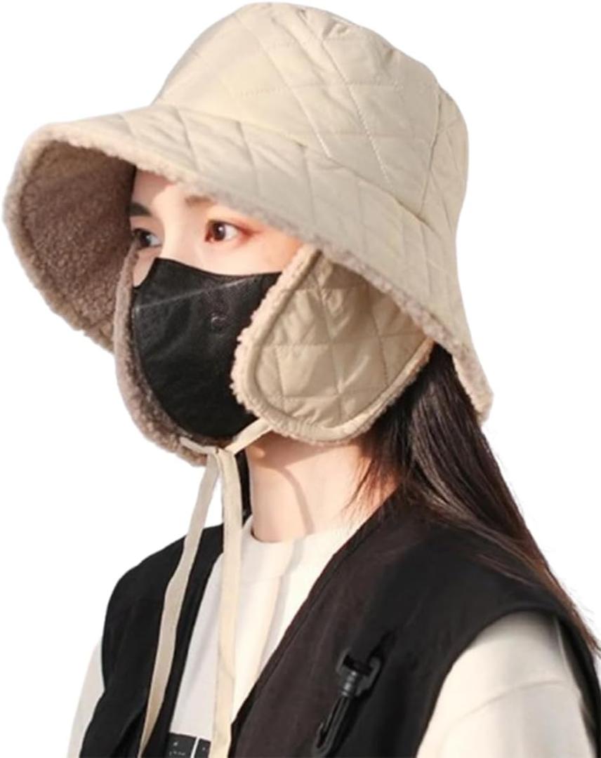 Quilted Bucket Hat Winter Warm Hat for Woman Down Padding Bucket Cap Fishing Hat Thick Plush Earflap Fisherman Bucket Hats (Beige)