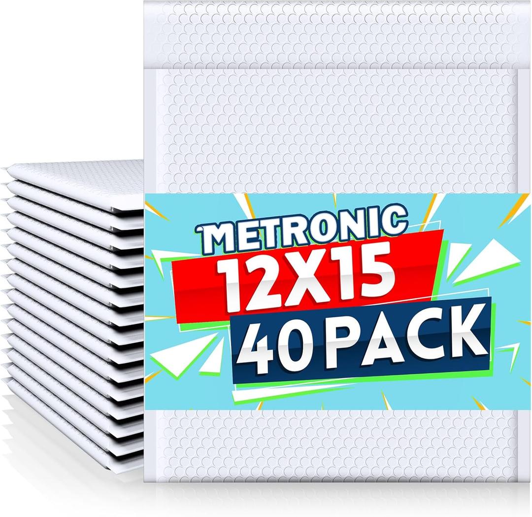 Metronic Bubble Mailers 12x15 Inch 40 Pack Large Bubble Mailer White Waterproof Padded Envelopes Opaque Cushioning Mailer for Shipping Clothes, Books,Jewelry Makeup Supplies