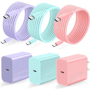 Compatible with iPhone 16 15 Charger Fast Charging,Type C Fast Charger,3Pack 20W USB C Charger Block with 10FT USB C Cable Compatible with iPhone 17/16 Pro/Plus/15/15 Pro/Pro Max,Pad,Samsumg,Android (3pack pink+purple+green)