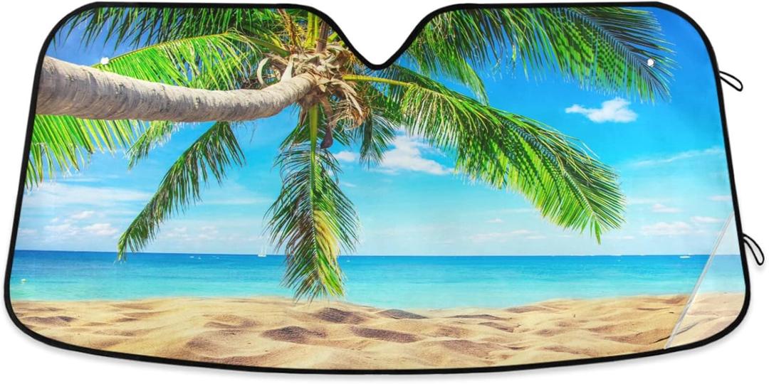 Beach Palm Tree Windshield Sun Shade - Tropical Hawaii Blue Sea Shield Protector - Foldable Reflective UV Rays - Keep Your Vehicle Cool - Fits Car, Truck, SUV (55*27.6inch)