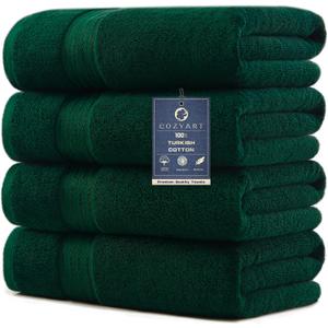 COZYART Luxury Bath Towels 4 PCS, 27x54 650 GSM Turkish Cotton, Dark Green | Zero Twist 100% Ring Spun Cotton, Fluffy, Ultra Soft, Super Absorbent, Quick Dry, Large Towels for Hotel Spa Bathroom Shower, 4 Piece Bath Towels