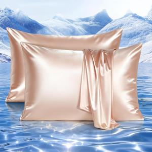 Elegear Cooling Pillow Cases Set of 2 for Hot Sleepers, Softer Than Silk Pillow Cases for Hair & Skin,Upgraded Arc-Chill Cooling Satin Pillowcases Q-max>0.5, Luxury Zipper Pillowcase-Queen,Champagne