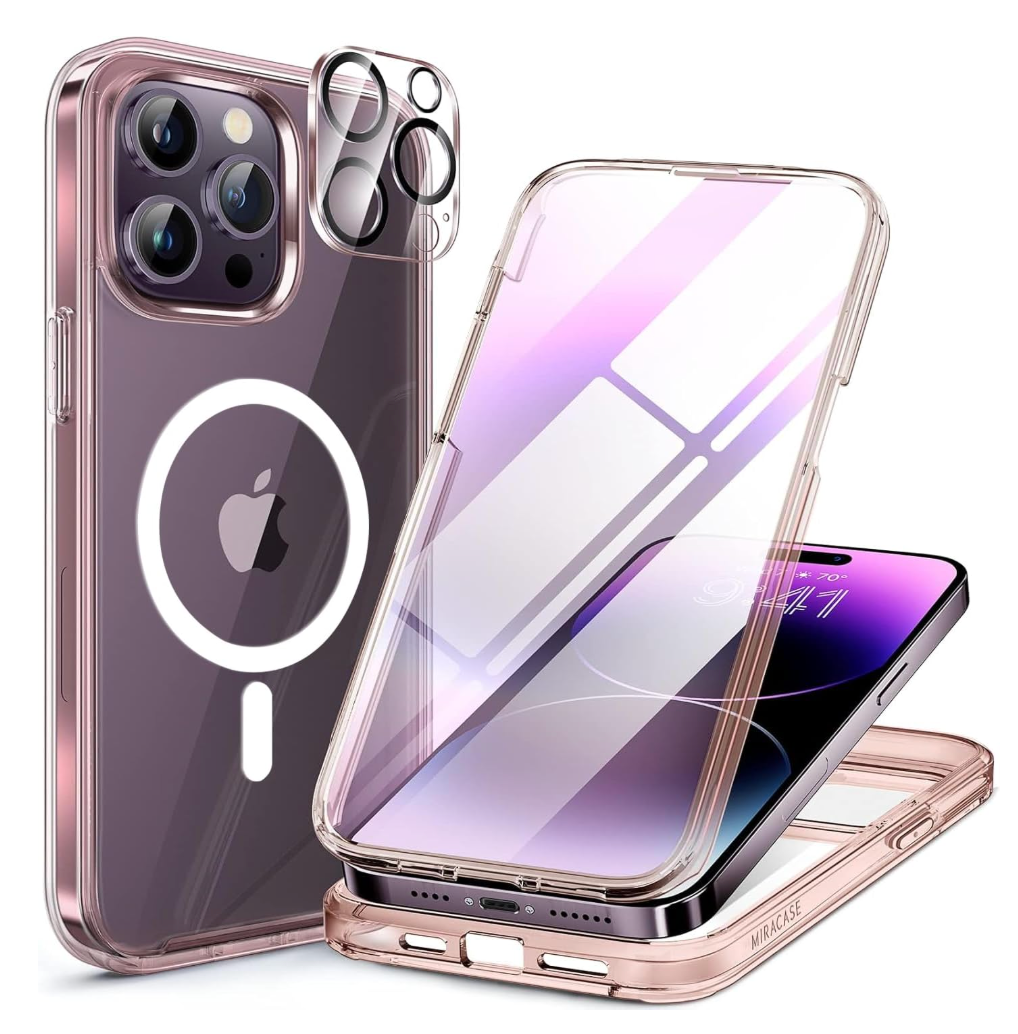 Miracase Glass Series Designed for iPhone 14 Pro Max Case 6.7 Inch, Upgrade Full-Body Bumper Case with Built-in 9H Tempered Glass Screen Protector, with Camera Lens Protector, Clear Pink