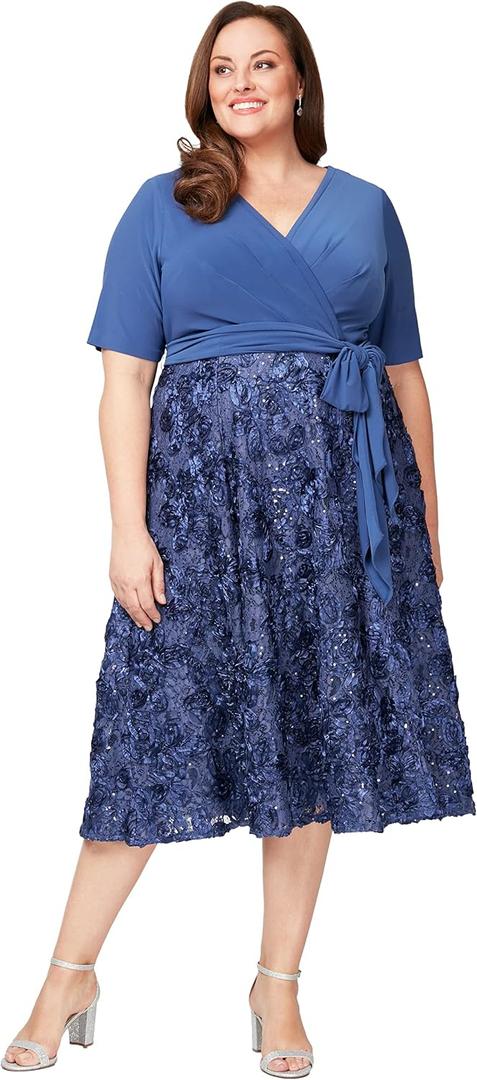 Alex Evenings Women's Tea Length A-line Rosette Dress, 24W