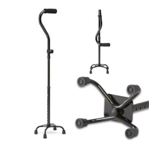 Medline Folding Quad Cane, Small Base, Quad Base for Greater Stability, Skid-Resistant Rubber Tips, Lightweight Aluminum, Black