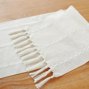 JIALE Rustic Farmhouse Table Runner with Tassels, Embroidered Cotton Linen Table Runner 36 Inches Long, Linen Boho Table Runners for Table Decorations, Holiday Party and Wedding, 13x36 Inches, Ivory
