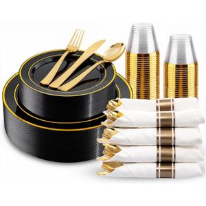 175PCS Black and Gold Plates - Black Disposable Plates for Party - 25Guests Disposable Dinnerware Set for Graduation Wedding Party Birthday