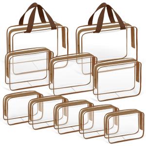TISRATOK 10 PCS Clear Travel Makeup Toiletry Bag, Plastic PVC Cosmetic TSA Approved Organizer Kit with Zipper HandbagCoffee