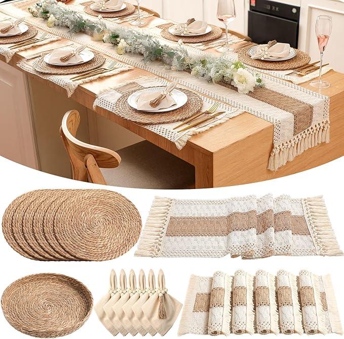 Gandeer 6 Sets Boho Placemats Round Woven Placemats, Cloth Napkins, Wood Bead Napkin Rings, Long Table Runner and Farmhouse Rustic Burlap Cotton for Kitchen Dining Table Home (Khaki B)