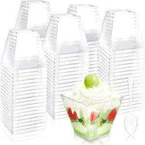 100Pcs 3.5 oz Mini Dessert Cup with Spoons,Square Plastic Dessert Cups,Clear Parfait Appetizer Cup for Ice Cream,Birthday,Parties,Jellies,Nuts,DIY,Wedding