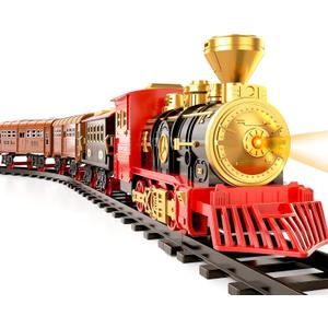 TEMI Train Set for Kids Toddlers 3-5, Train with Steam Engine, Cargo Car and Long Track, Rechargeable Battery Play Red Train Toys with Smoke, Light & Sounds, Gift for Boys & Girls 4-7 Years (Red-medium Size)
