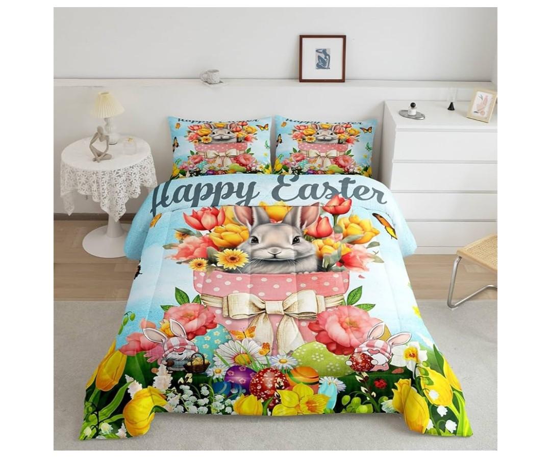 Easter Rabbit Duvet Insert Easter Bedding Set,Boho Floral Comforter Set Cute Rabbit Pet Animal Bed Quilt Queen Size Kawaii Greetings and Presents for Easter Day,Easter Gifts for Toddlers, 88 x 80