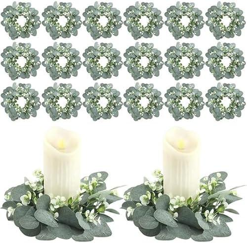 20 Pcs Artificial Eucalyptus Candle Rings, Boho Wedding Candle Holder Wreaths with Green Leaves, Decorative Pillar Candle Rings for Centerpieces and Home Decor