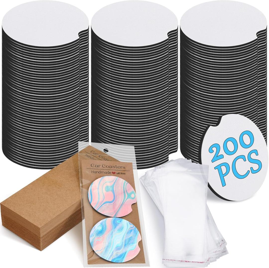 Tioncy 400 Pcs Sublimation Car Coaster Blank Set, 2.76'' DIY Craft Kit with Self-Adhesive Bags and Display Cards for Thermal Sublimation(Brown)