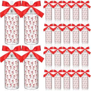24 Pcs Red Bow Party Favors Red Bow Plastic Cups Coquette Aesthetic Cup with Lids and Straws 14 oz Reusable Cute Plastic Water Bottle with Ribbon for Birthday Bridal Wedding Party Supplies