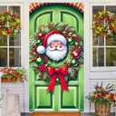 3 x Christmas Door Banner Set 35x71 Inch Santa Claus with Red Ribbon and Green Ornaments Home Porch Decoration Front Door Wall Hanging Party Holiday Outdoor Decoration